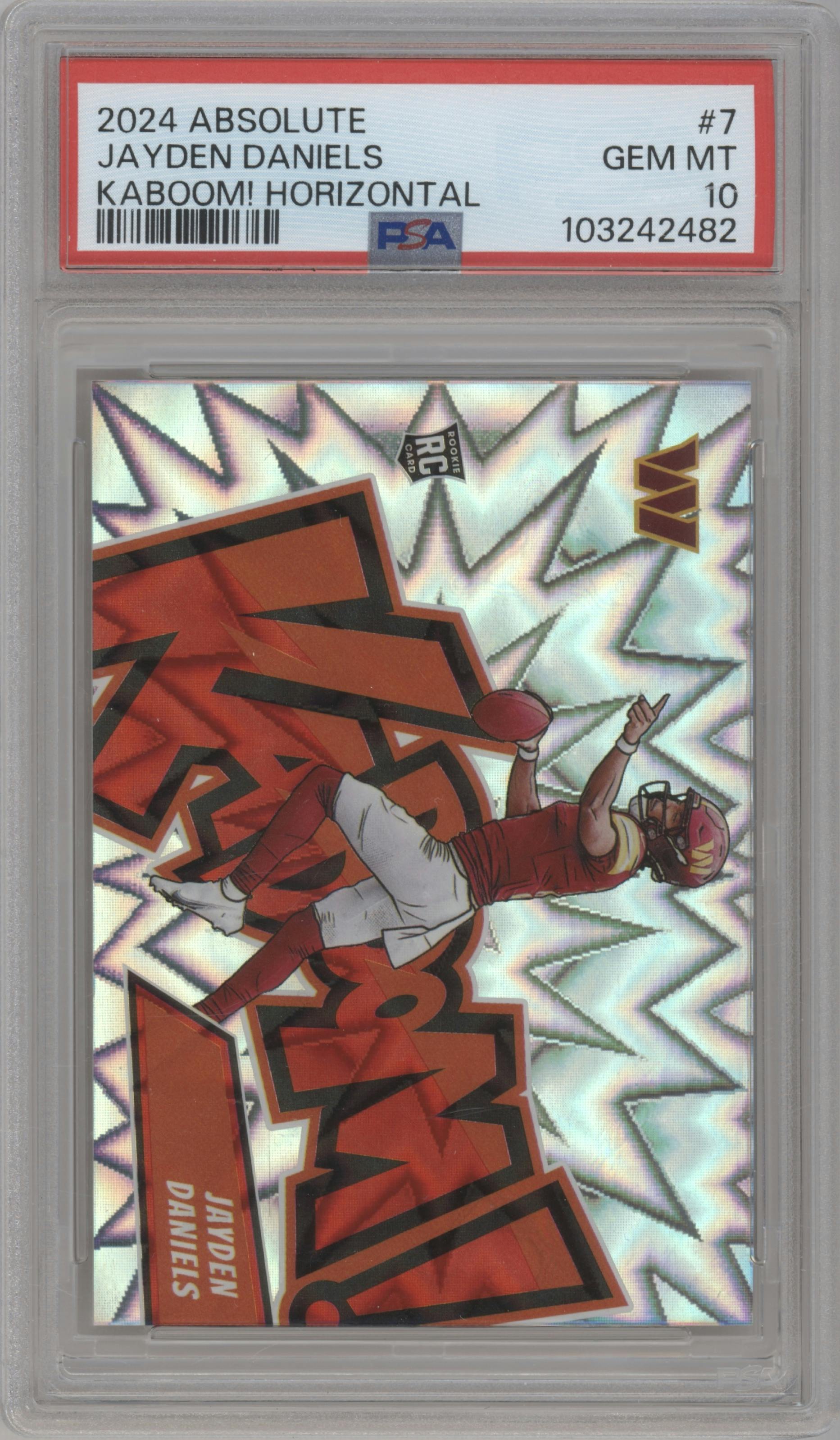 Jayden Daniels from the 2024 Panini Absolute set graded by PSA and given an overall grade of 10.