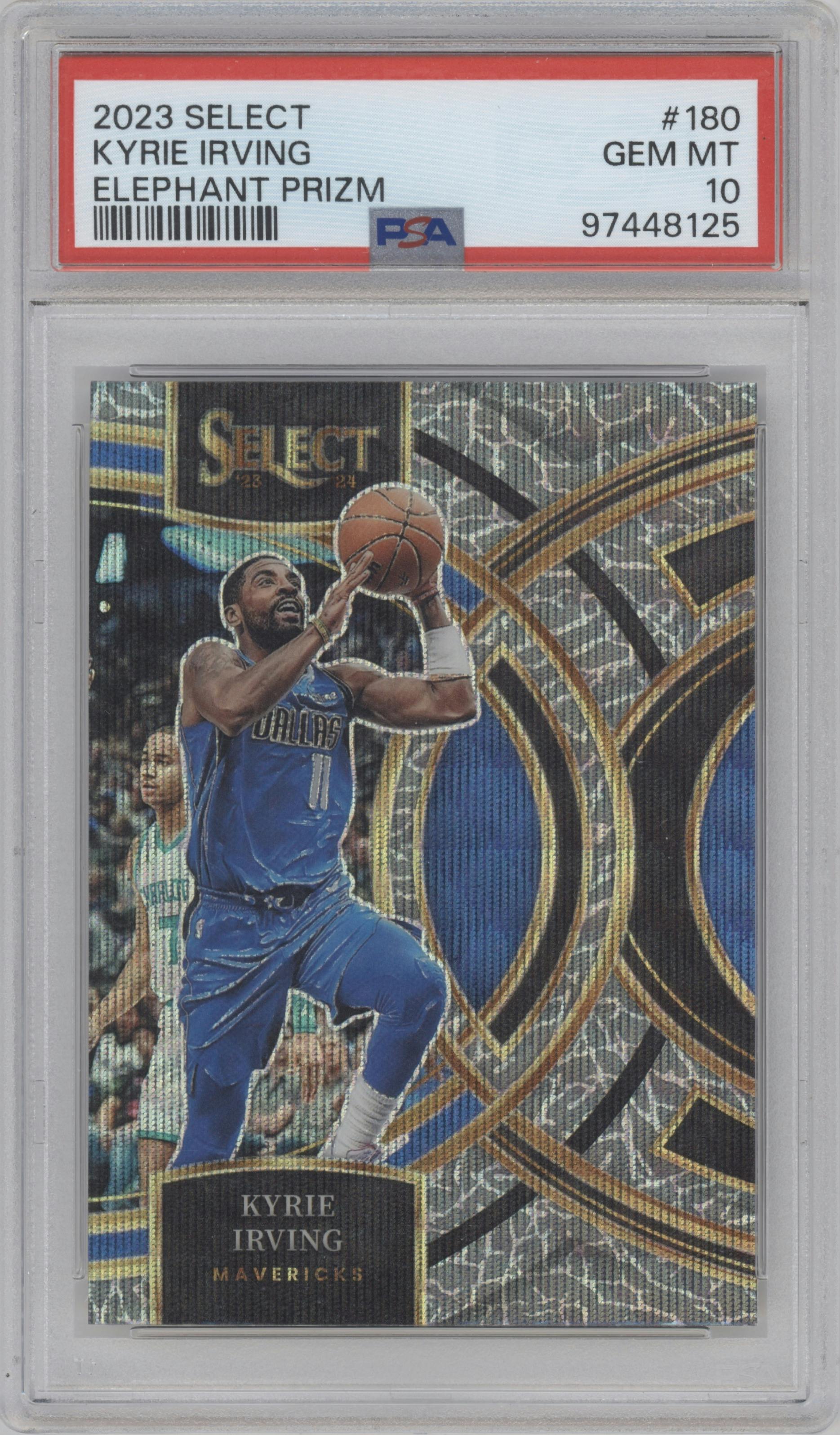 Kyrie Irving from the 2023-24 Panini Select  set featuring a Elephant parallel graded by PSA and given an overall grade of 10.