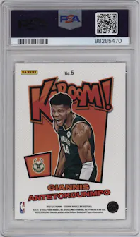 Giannis Antetokounmpo from the 2021-22 Crown Royale set graded by PSA and given an overall grade of 9.