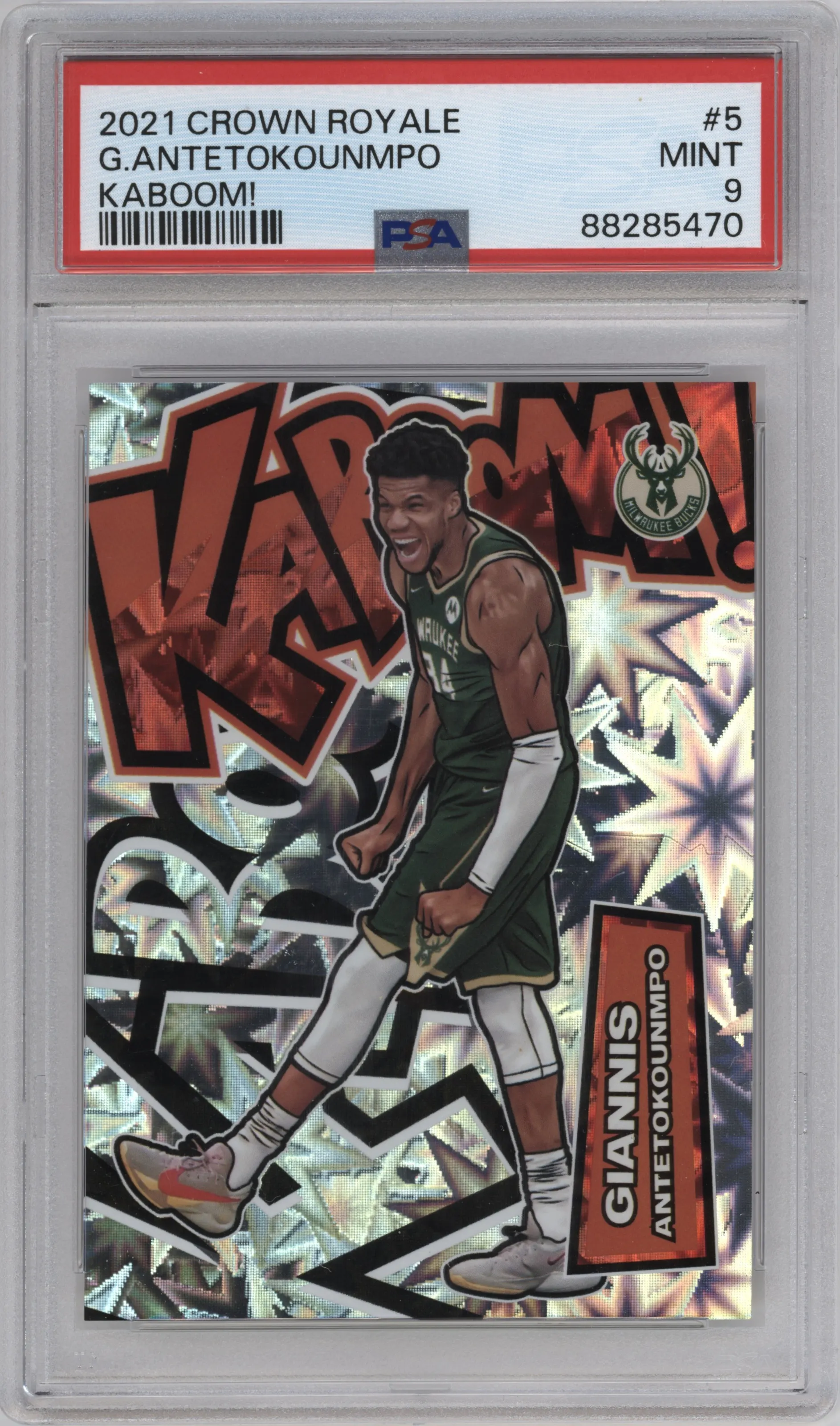 Giannis Antetokounmpo from the 2021-22 Crown Royale set graded by PSA and given an overall grade of 9.