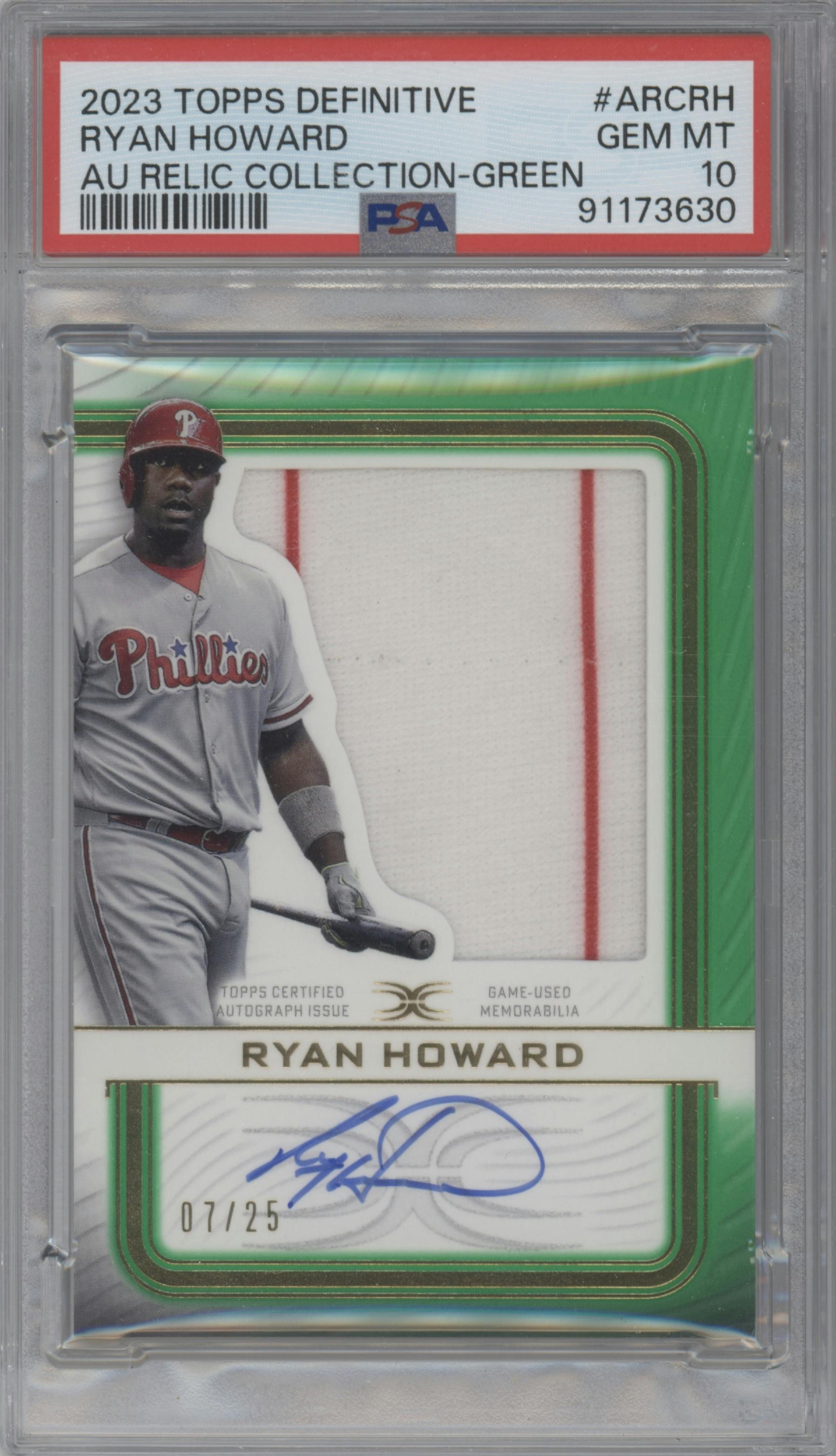 Ryan Howard from the 2023 Topps Definitive Collection set featuring a Green parallel graded by PSA and given an overall grade of 10.