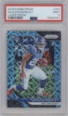 Saquon Barkley from the 2018 Panini Prizm set featuring a Lazer parallel graded by PSA and given an overall grade of 9.