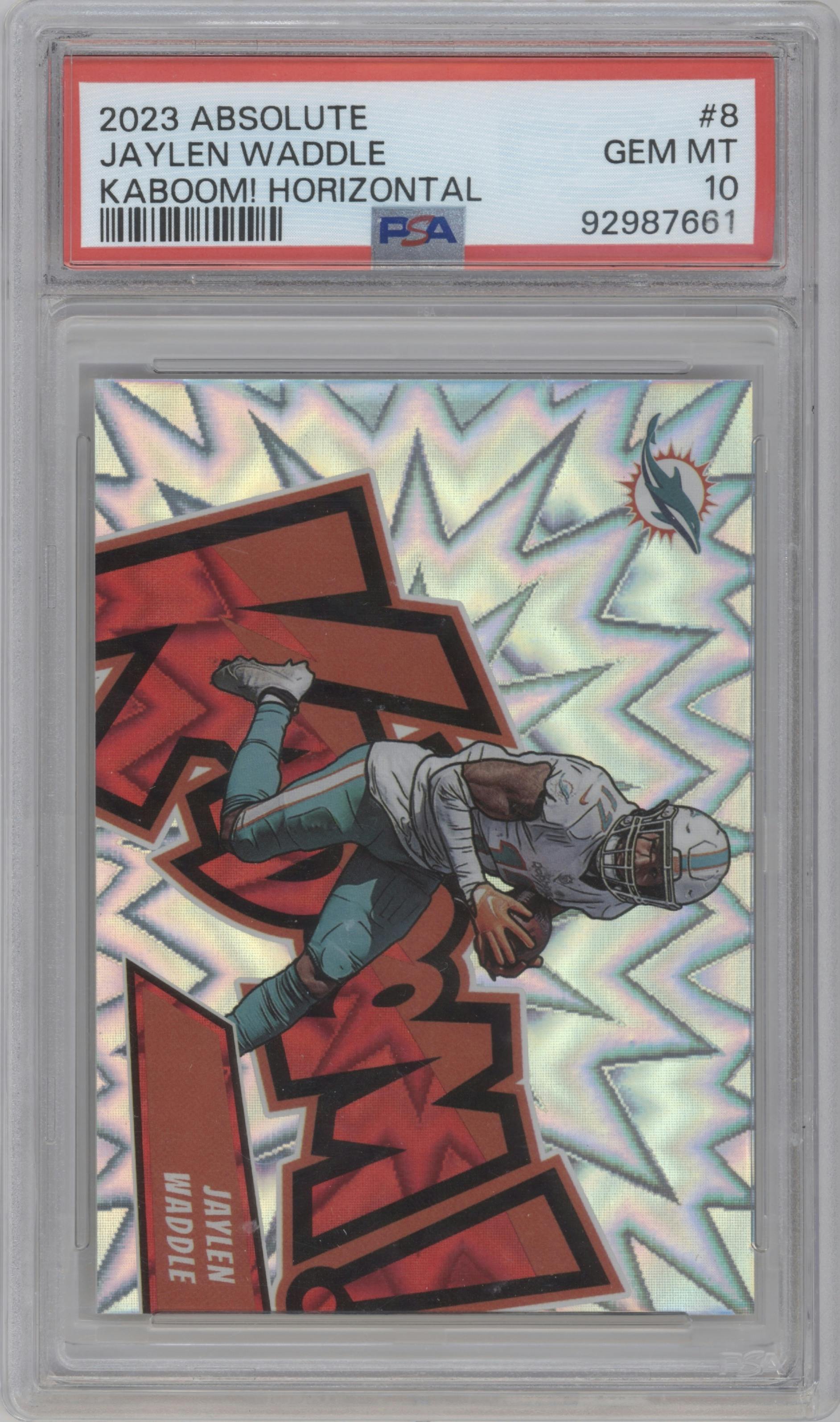 Jaylen Waddle from the 2023 Panini Absolute set graded by PSA and given an overall grade of 10.