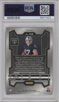 Michael Mayer from the 2023 Panini Prizm set graded by PSA and given an overall grade of 10.