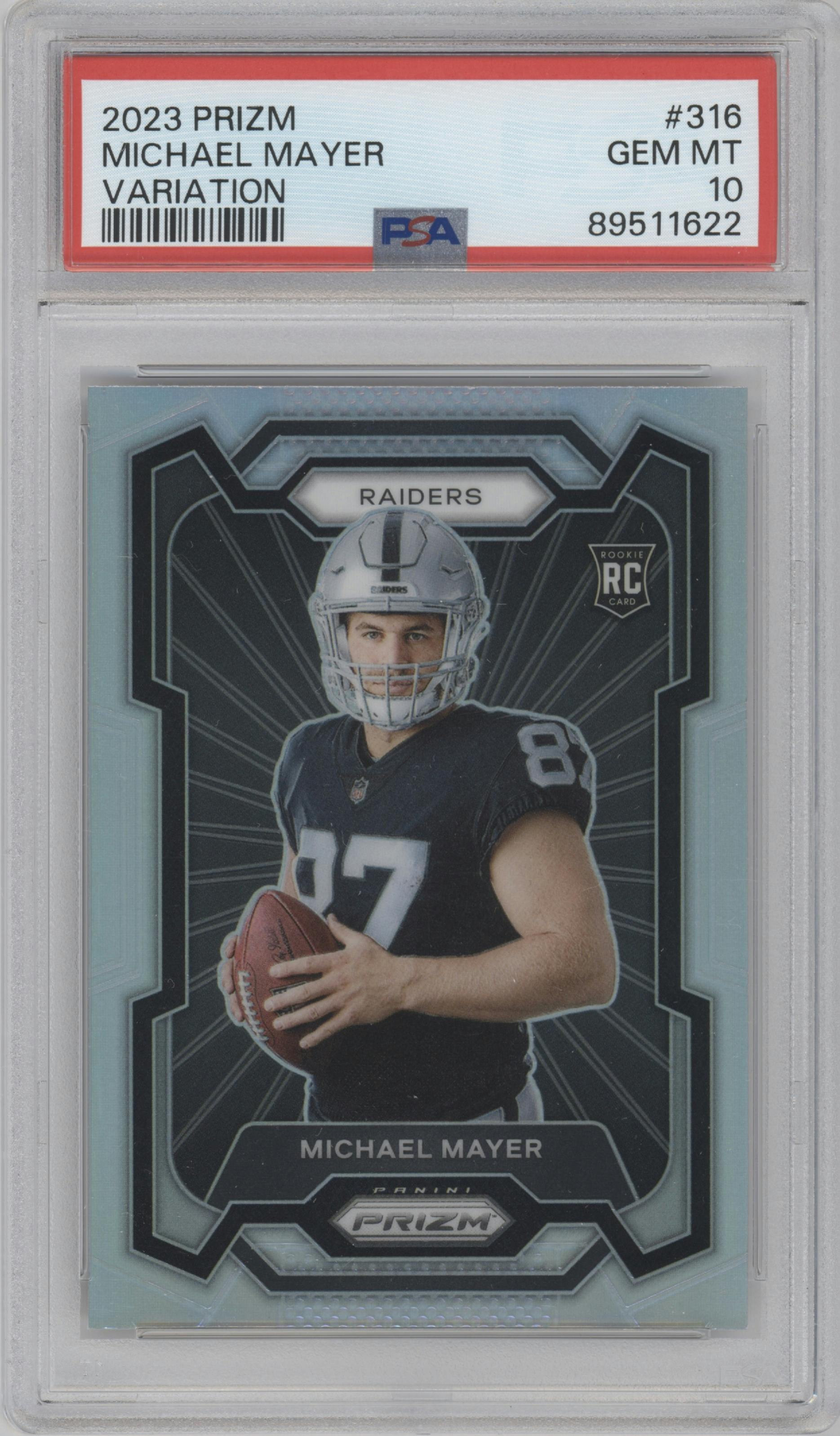 Michael Mayer from the 2023 Panini Prizm set graded by PSA and given an overall grade of 10.