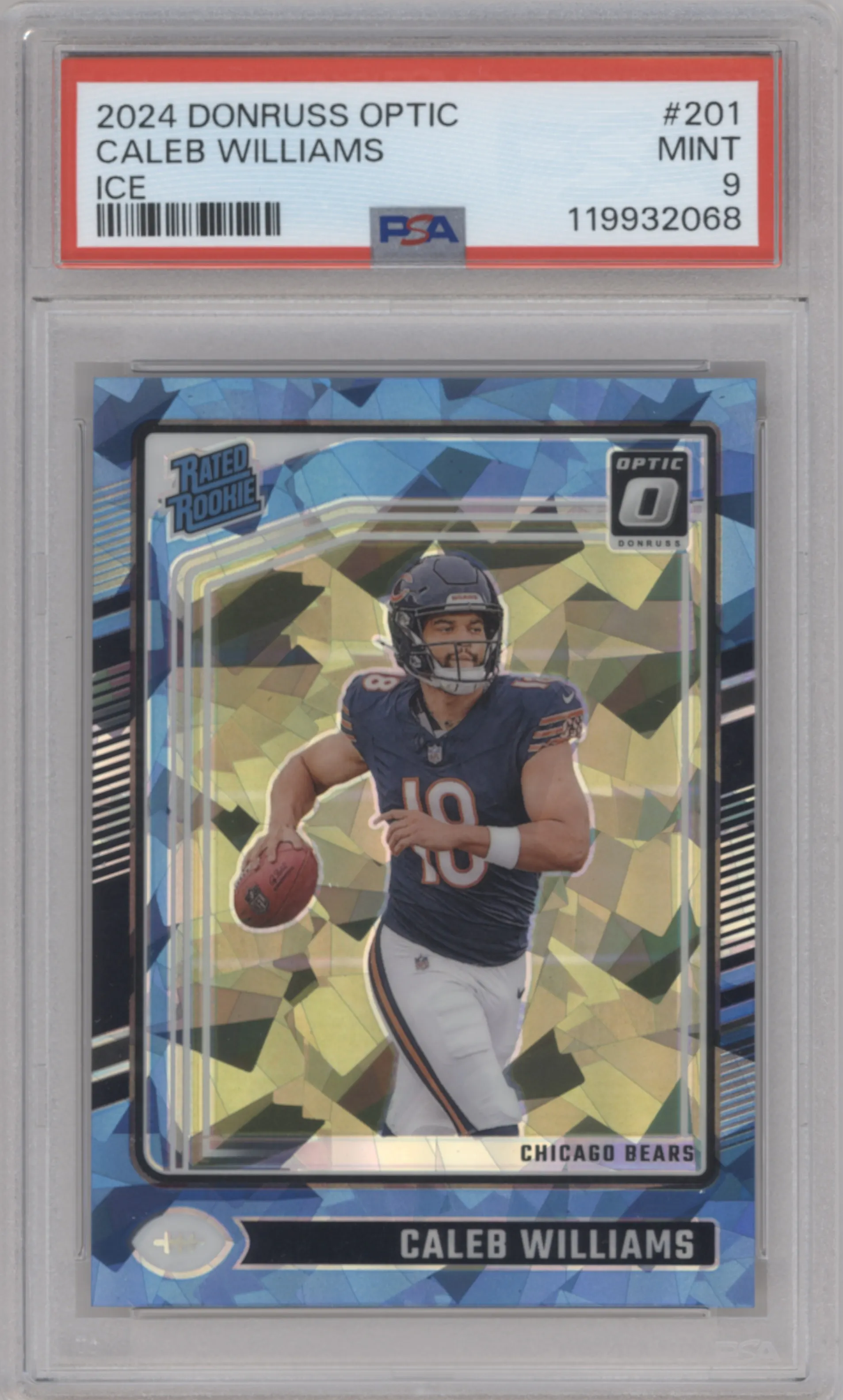 Caleb Williams from the 2024 Donruss Optic set featuring a Ice parallel graded by PSA and given an overall grade of 9.