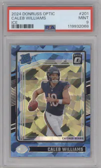 Caleb Williams from the 2024 Donruss Optic set featuring a Ice parallel graded by PSA and given an overall grade of 9.