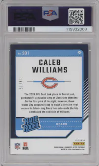Caleb Williams from the 2024 Donruss Optic set featuring a Ice parallel graded by PSA and given an overall grade of 9.
