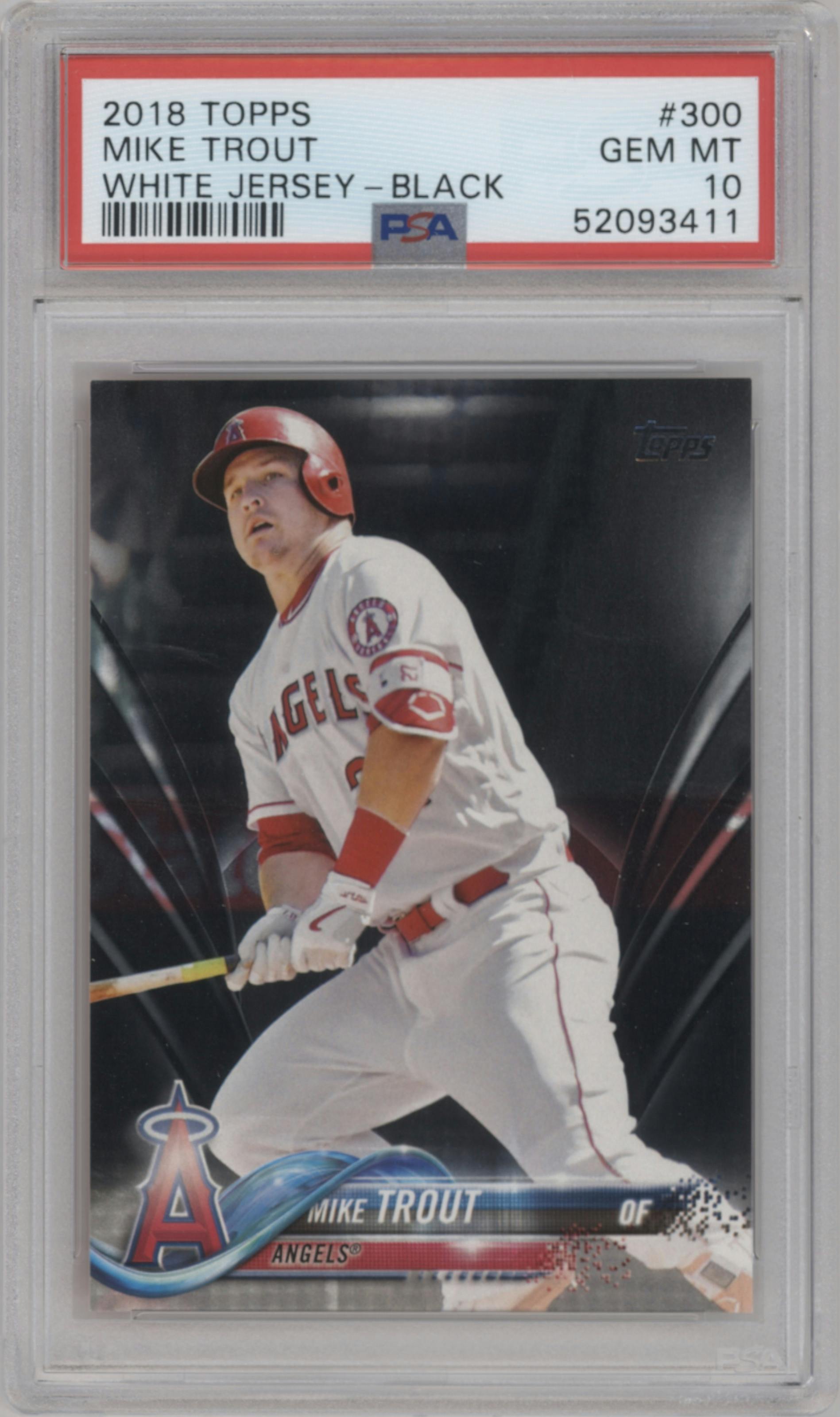 Mike Trout from the 2018 Topps Series 1 set featuring a Black parallel graded by PSA and given an overall grade of 10.