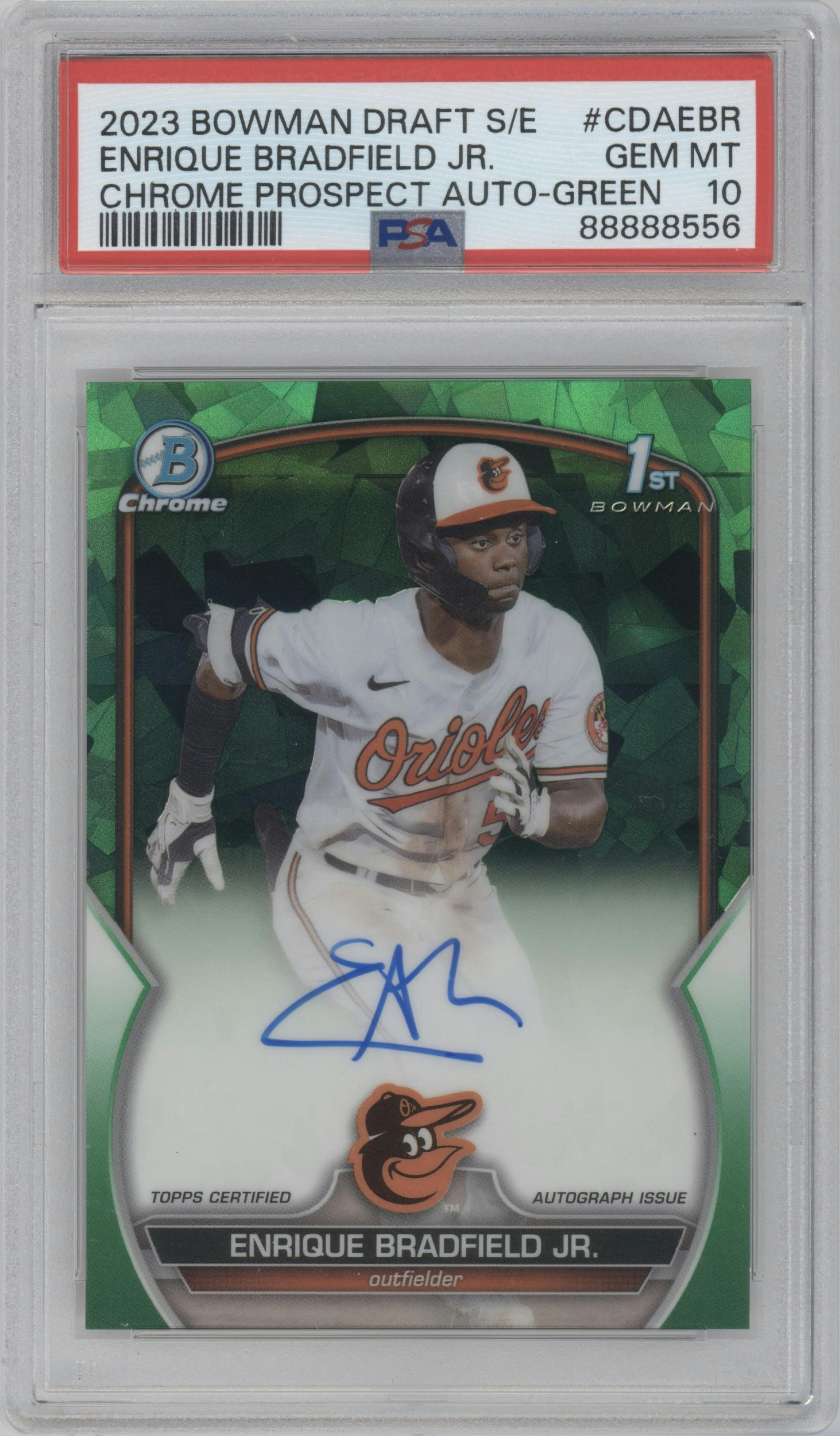 Enrique Bradfield Jr. from the 2023 Bowman Draft Sapphire set featuring a Green parallel graded by PSA and given an overall grade of 10.