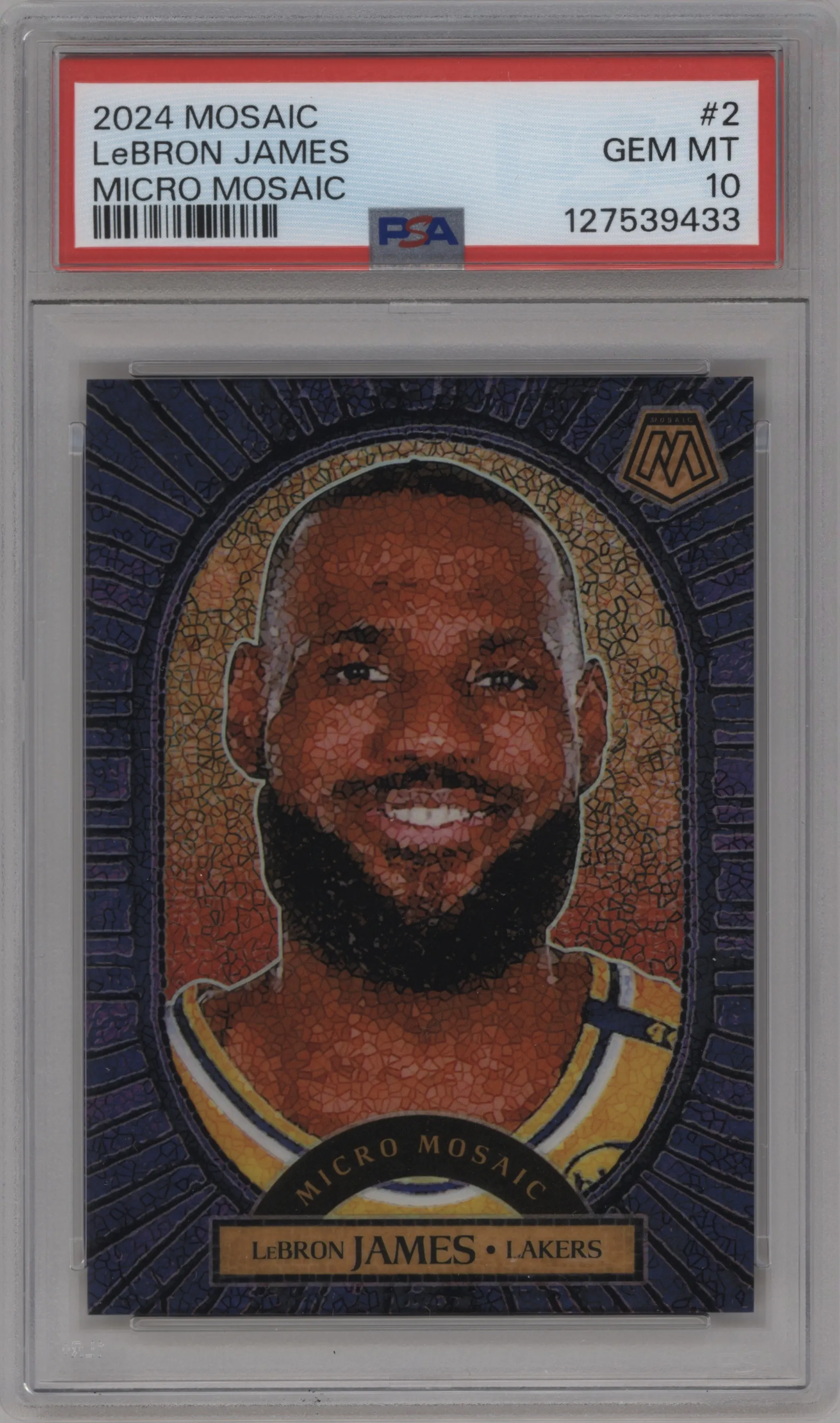 Lebron James from the 2024-25 Panini Mosaic set graded by PSA and given an overall grade of 10.