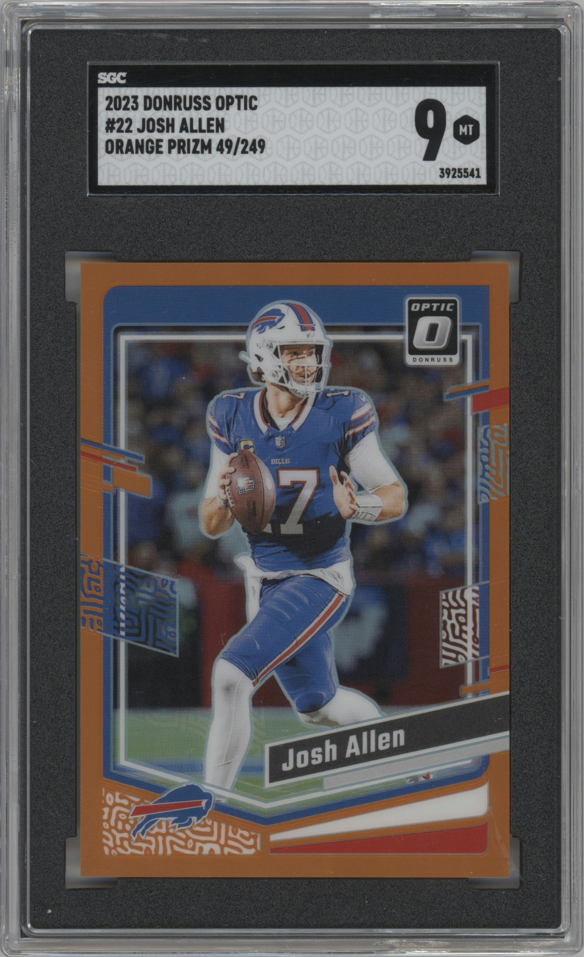 Josh Allen from the 2023 Donruss Optic set featuring a Orange parallel graded by SGC and given an overall grade of 9.