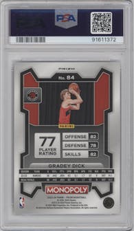 Gradey Dick from the 2023-24 Panini Prizm Monopoly set featuring a Purple  parallel graded by PSA and given an overall grade of 10.