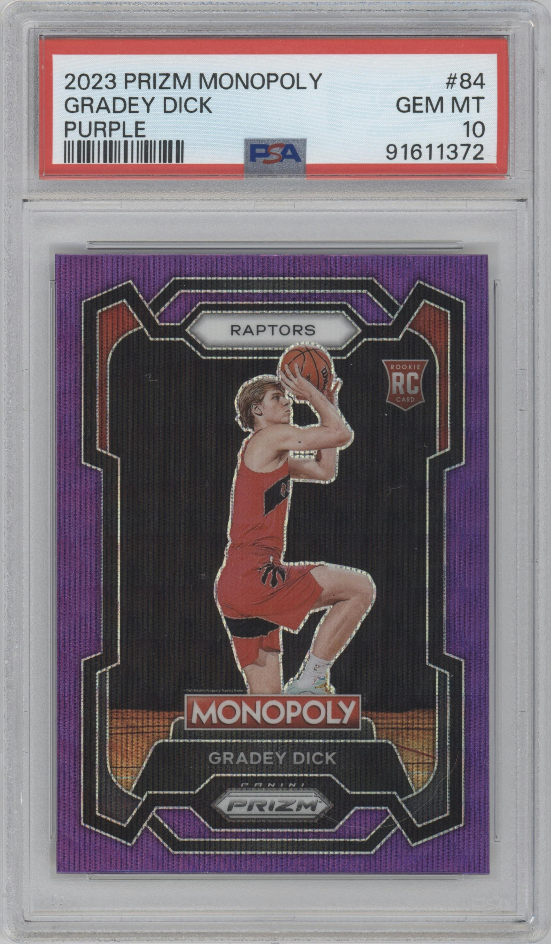 Gradey Dick from the 2023-24 Panini Prizm Monopoly set featuring a Purple  parallel graded by PSA and given an overall grade of 10.