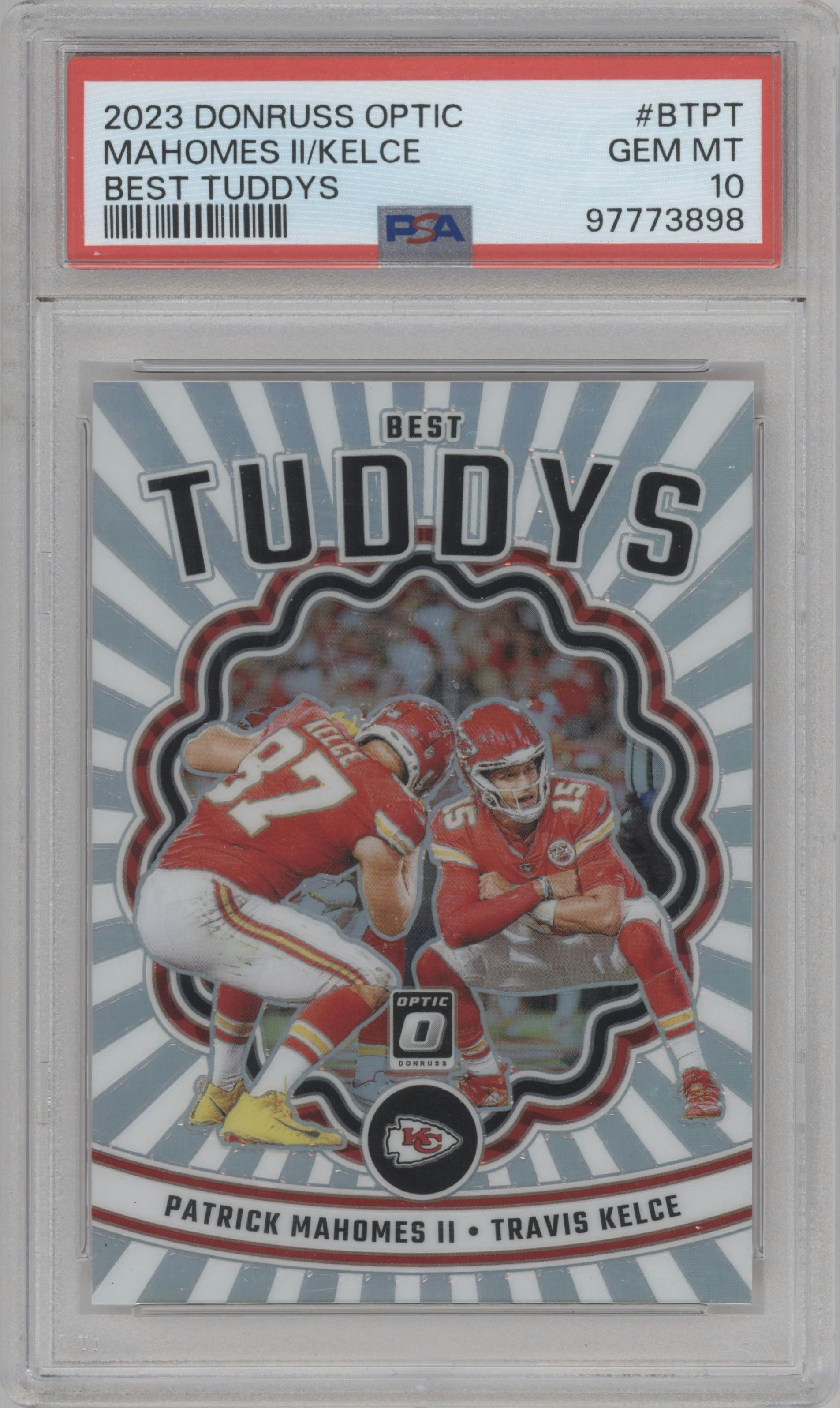 Patrick Mahomes II/Travis Kelce from the 2023 Donruss Optic set graded by PSA and given an overall grade of 10.