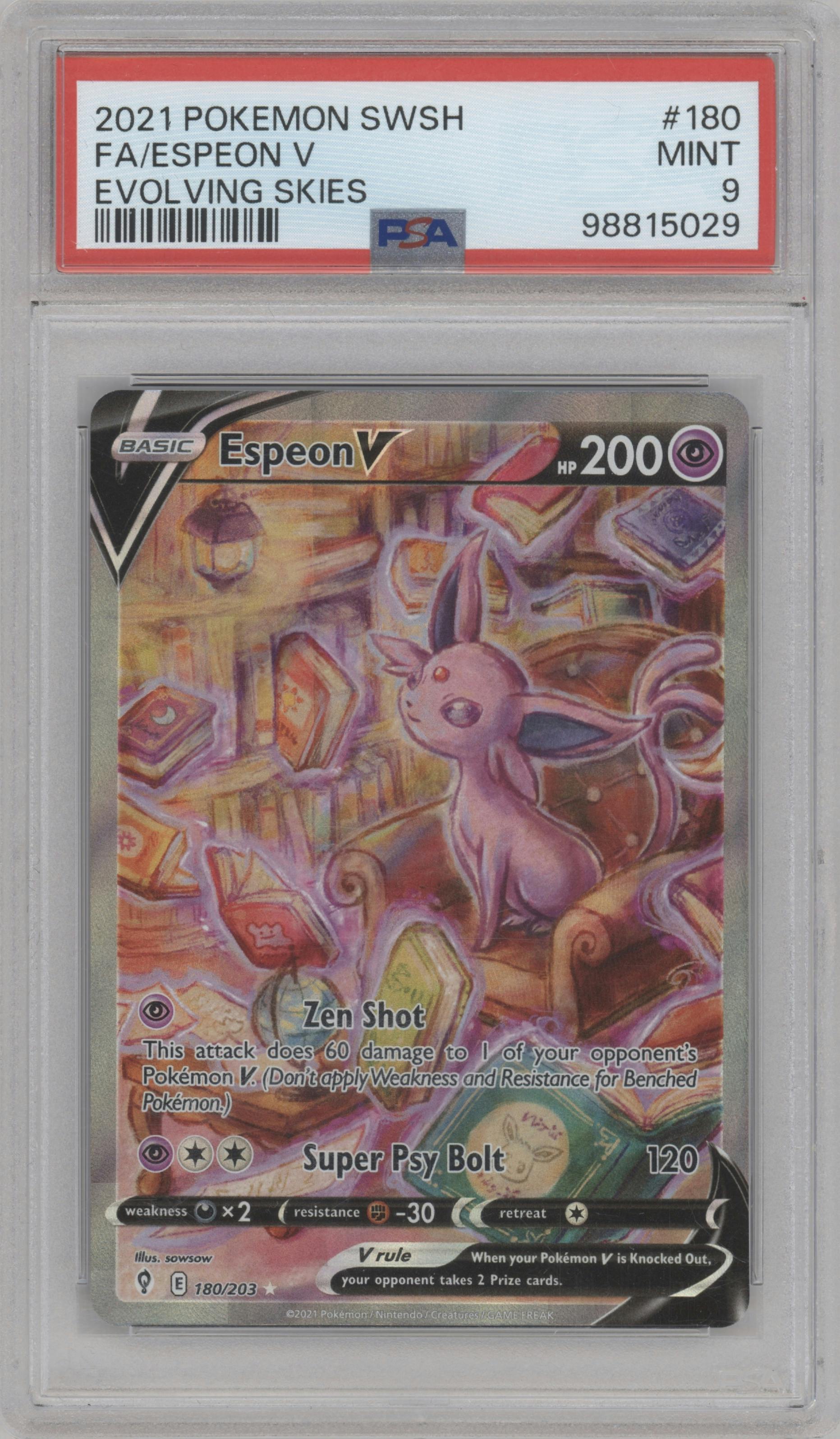 Espeon V from the 2021 Pokemon SWSH set graded by PSA and given an overall grade of 9.