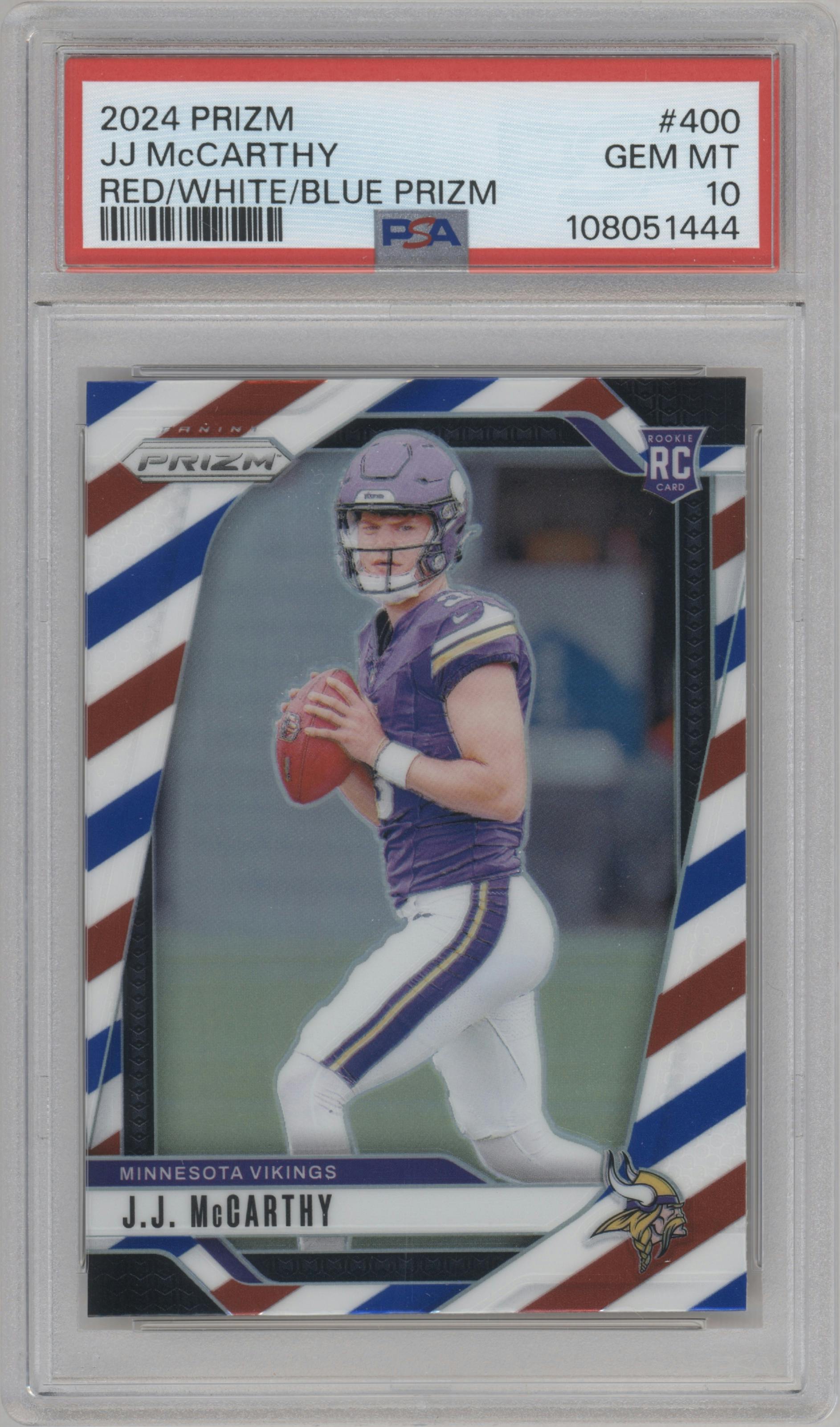 J.J. McCarthy from the 2024 Panini Prizm set featuring a Red White Blue Prizm parallel graded by PSA and given an overall grade of 10.
