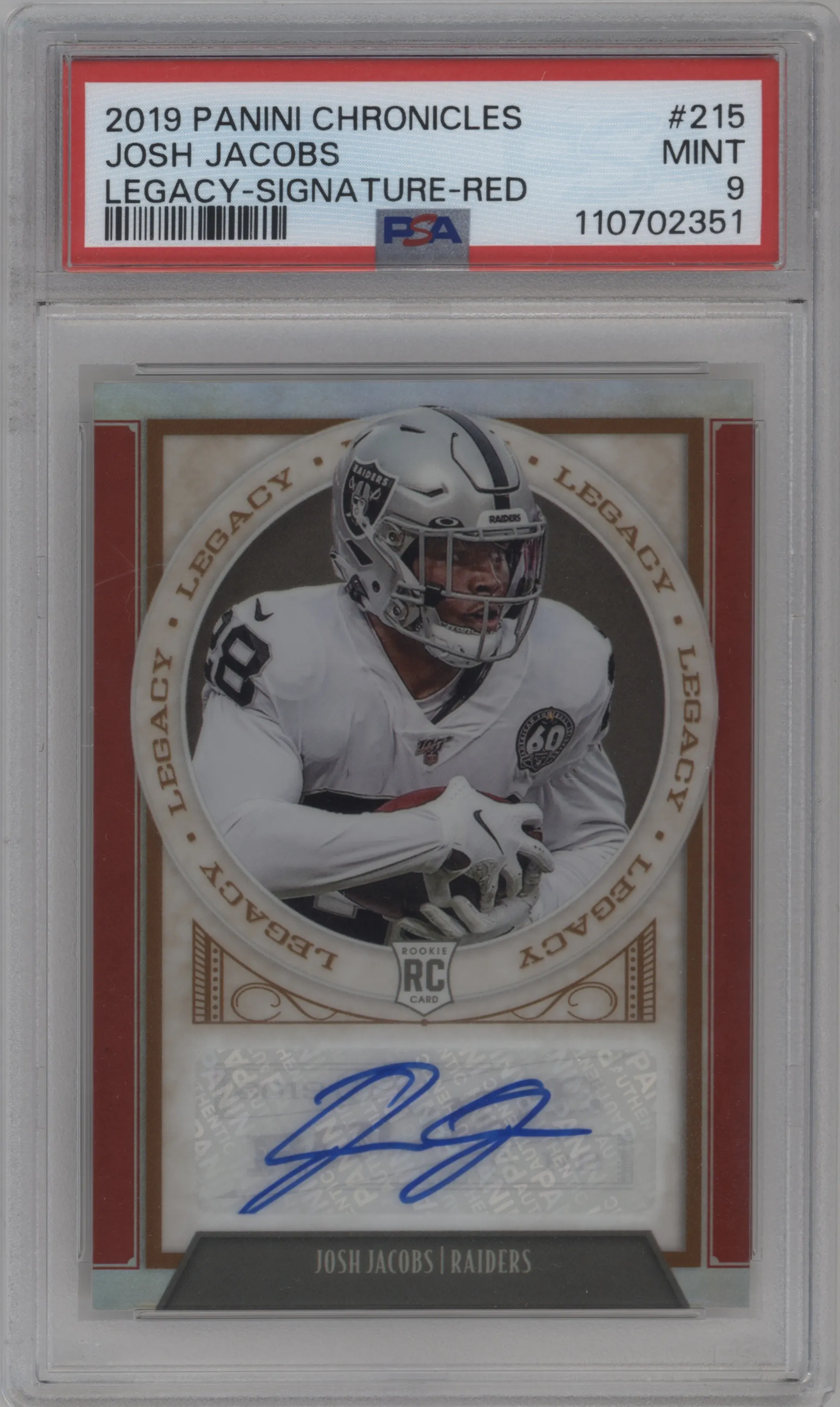 2019 Panini Chronicles Legacy Upd.Rke.Sig. Josh Jacobs Red #215 PSA 9
