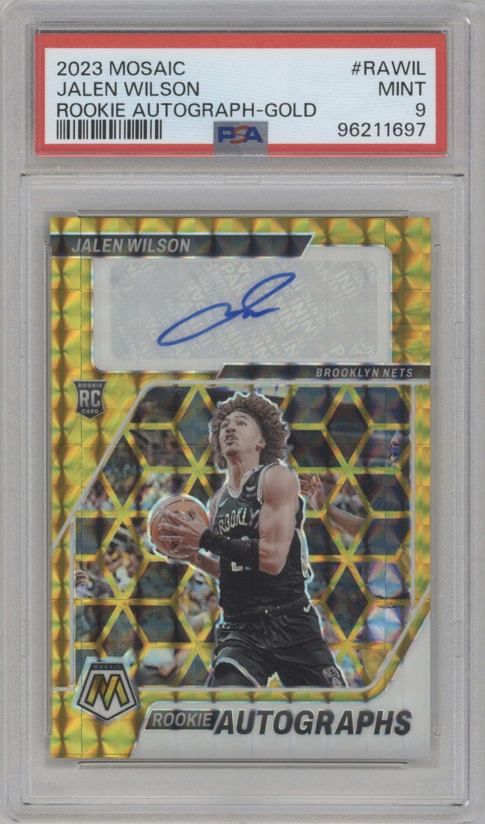 Jalen Wilson from the 2023-24 Panini Mosaic set featuring a Gold Mosaic parallel graded by PSA and given an overall grade of 9.
