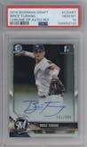 Brice Turang from the 2018 Bowman Draft set featuring a Refractor parallel graded by PSA and given an overall grade of 10.