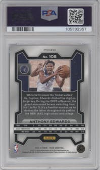 Anthony Edwards from the 2023-24 Panini Prizm set featuring a Fast Break Blue Prizm parallel graded by PSA and given an overall grade of 10.