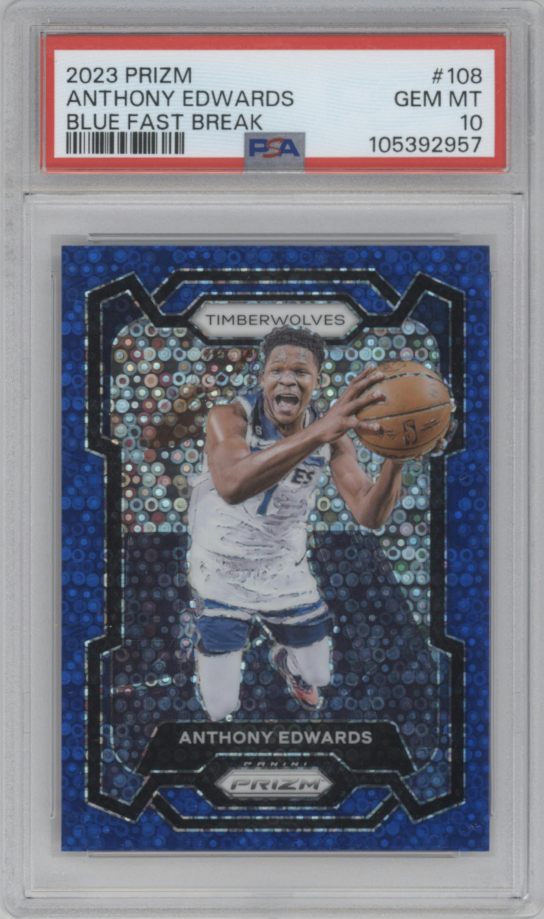 Anthony Edwards from the 2023-24 Panini Prizm set featuring a Fast Break Blue Prizm parallel graded by PSA and given an overall grade of 10.