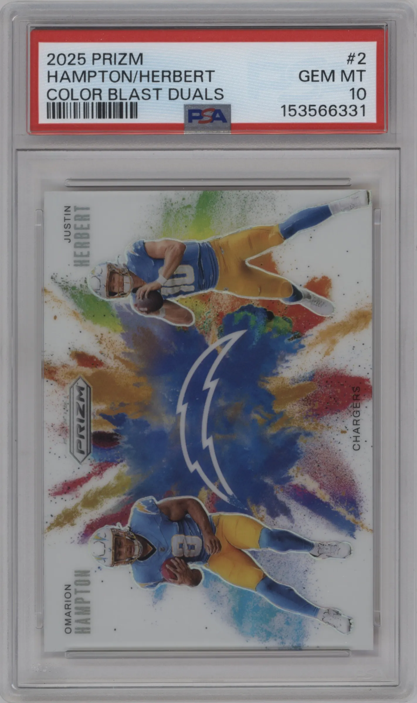 2025 Panini Prizm Color Blast Duals Omarion Hampton/Justin Herbert #2 PSA 10
