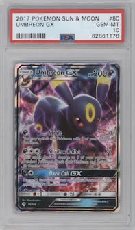 Umbreon GX from the 2017 Pokemon S&M set graded by PSA and given an overall grade of 10.