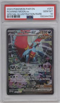 Roaring Moon ex from the 2023 Pokemon SV set graded by PSA and given an overall grade of 10.