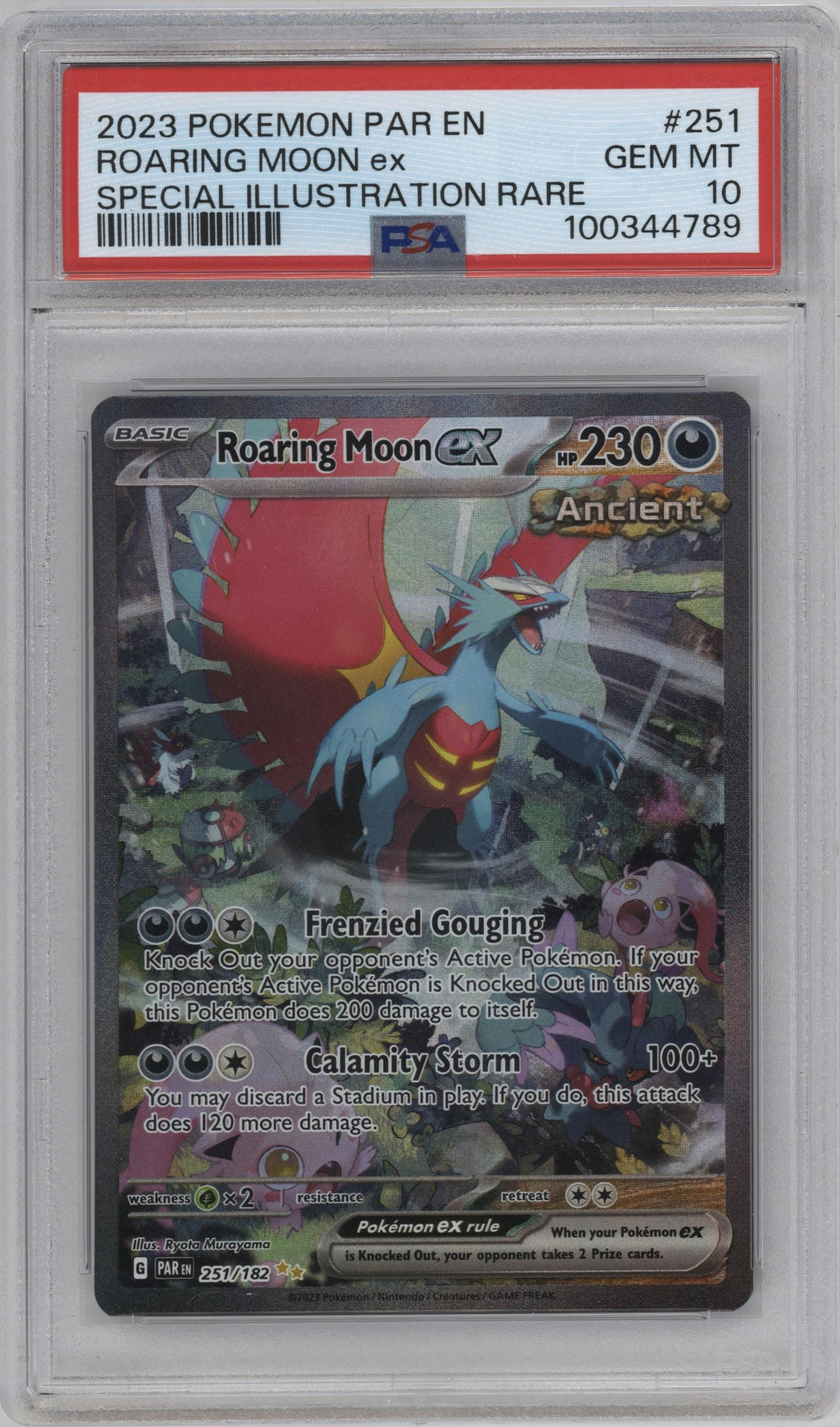 Roaring Moon ex from the 2023 Pokemon SV set graded by PSA and given an overall grade of 10.