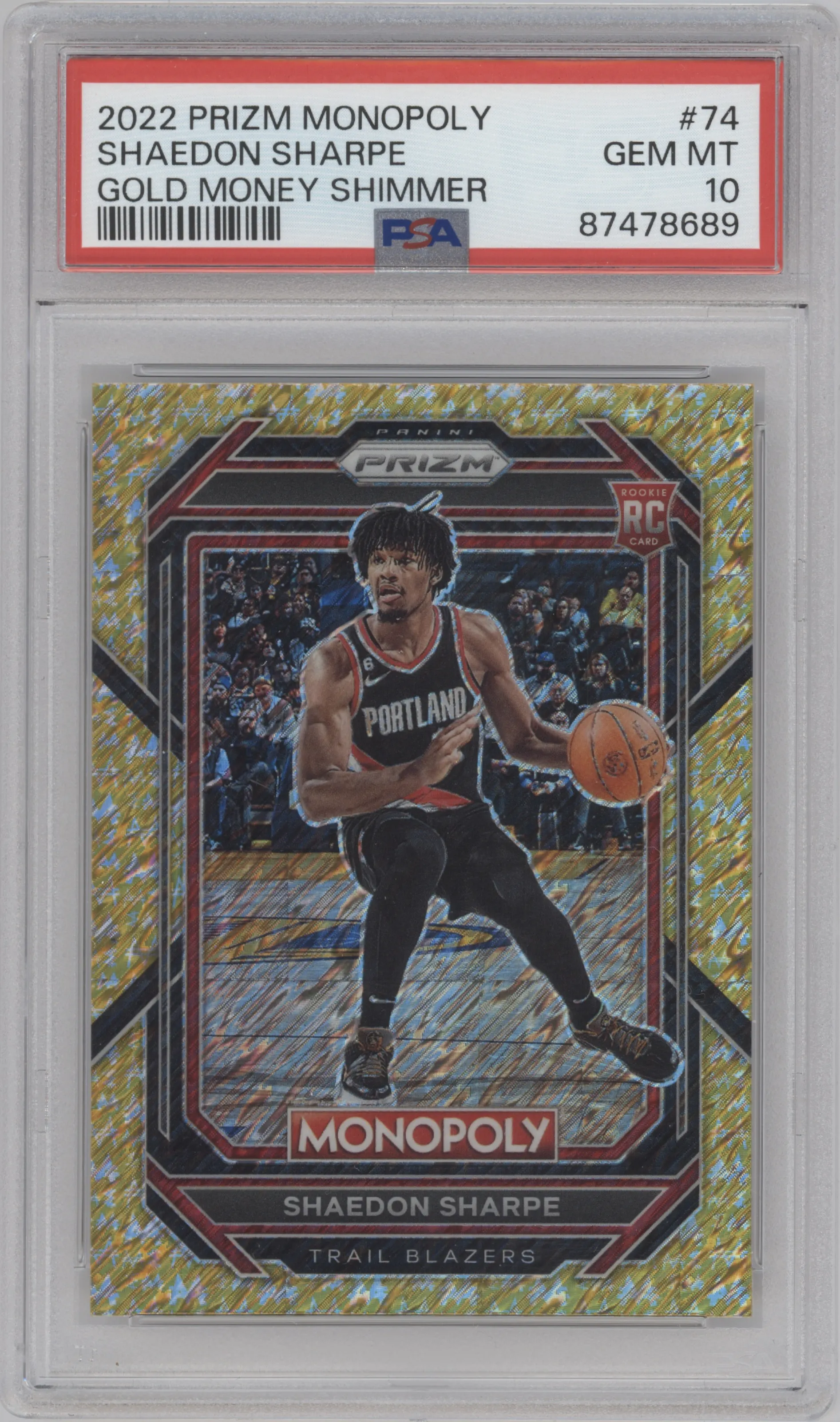 2022 Panini Prizm Monopoly Shaedon Sharpe Gold Money Shimmer PSA 10