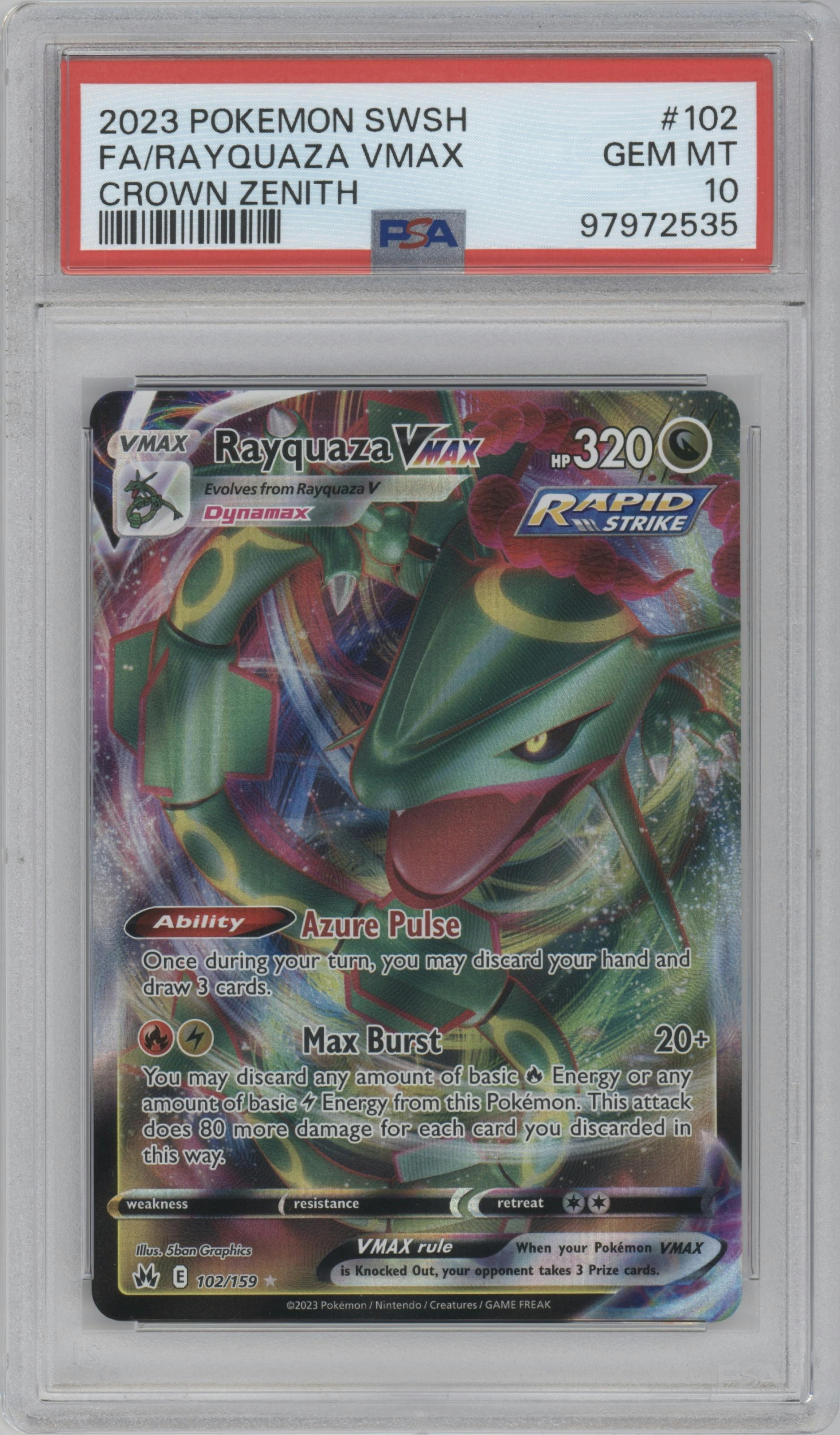 Rayquaza VMAX from the 2023 Pokemon SWSH set graded by PSA and given an overall grade of 10.