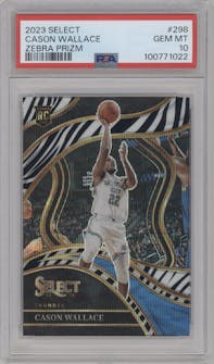 Cason Wallace from the 2023-24 Panini Select  set featuring a Zebra Prizm parallel graded by PSA and given an overall grade of 10.