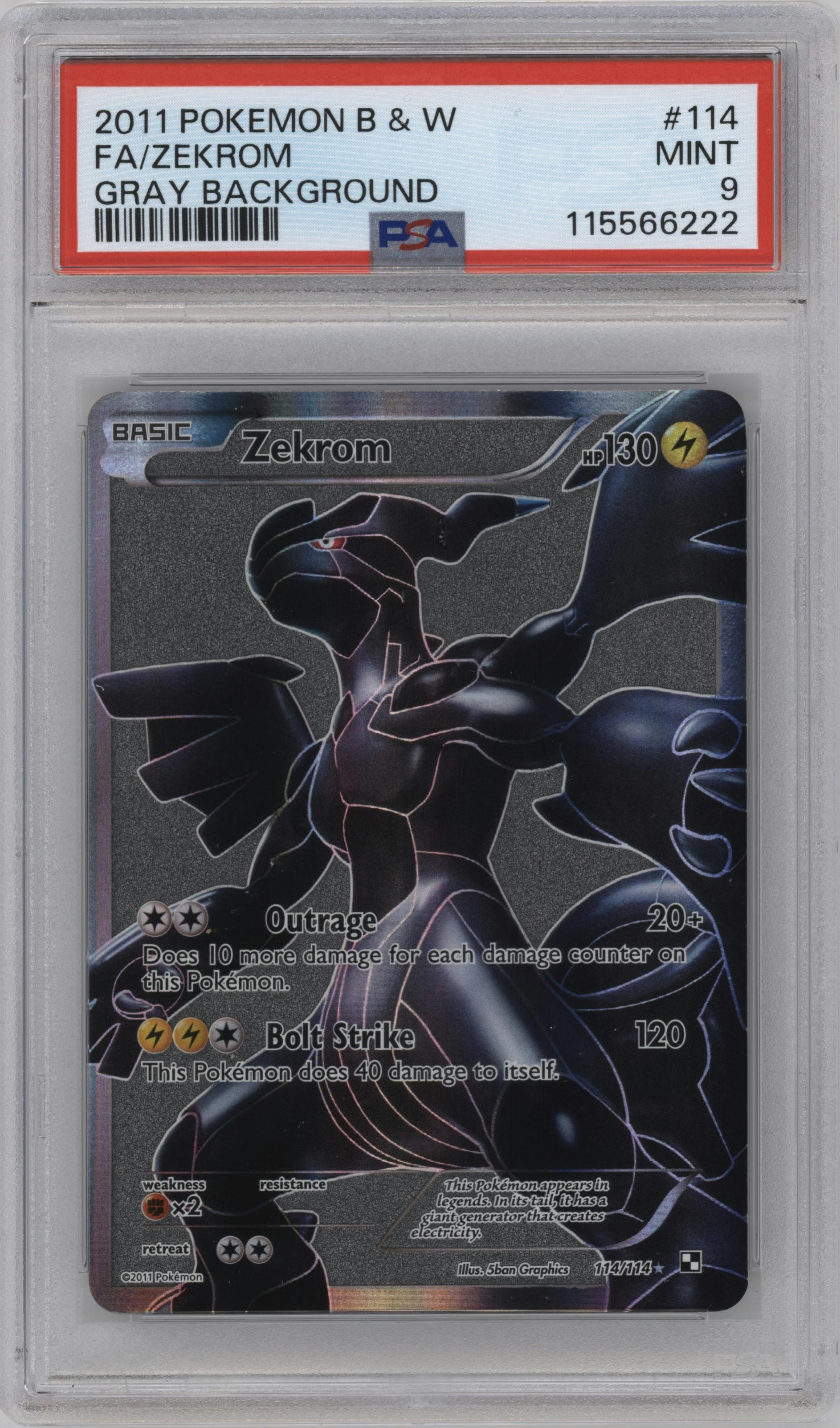 Zekrom from the 2011 Pokemon Black & White set featuring a Gray Background parallel graded by PSA and given an overall grade of 9.