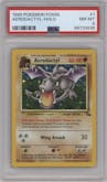 Aerodactyl from the 1999 Pokemon set graded by PSA and given an overall grade of 8.