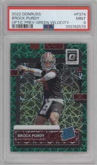 Brock Purdy from the 2022 Panini Donruss set featuring a Green Velocity parallel graded by PSA and given an overall grade of 9.