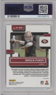 Brock Purdy from the 2022 Panini Donruss set featuring a Green Velocity parallel graded by PSA and given an overall grade of 9.