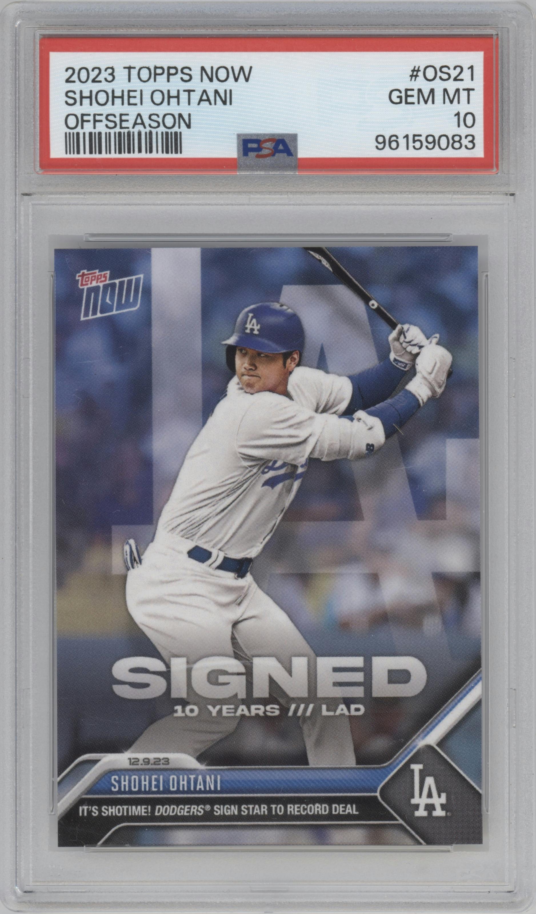 Shohei Ohtani from the 2023 Topps Now set graded by PSA and given an overall grade of 10.