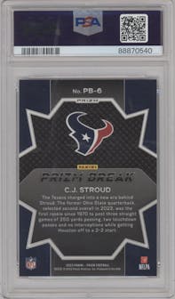 C.J. Stroud from the 2023 Panini Prizm set featuring a Green Prizm parallel graded by PSA and given an overall grade of 10.