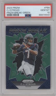 C.J. Stroud from the 2023 Panini Prizm set featuring a Green Prizm parallel graded by PSA and given an overall grade of 10.