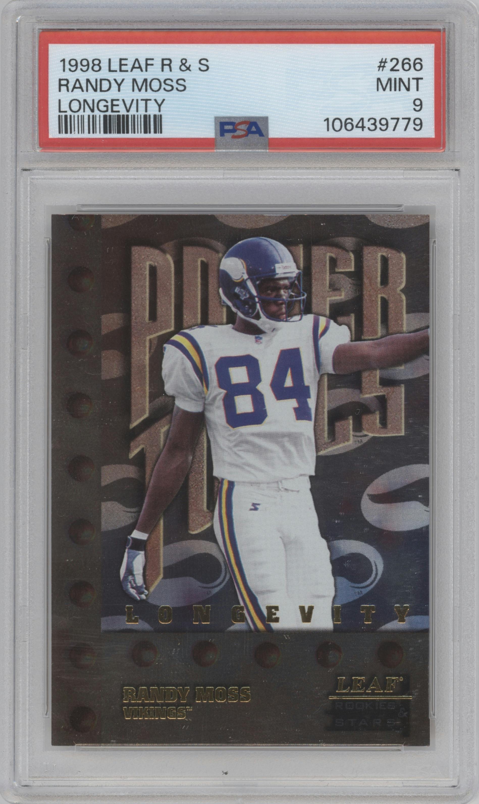Randy Moss from the 1998 Leaf Rookies & Stars set featuring a Longevity parallel graded by PSA and given an overall grade of 9.