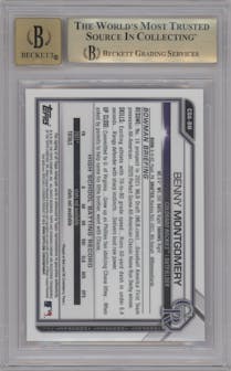 Benny Montgomery from the 2021 Bowman Draft set featuring a Purple Refractor parallel graded by Beckett and given an overall grade of 9.5.