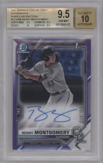 Benny Montgomery from the 2021 Bowman Draft set featuring a Purple Refractor parallel graded by Beckett and given an overall grade of 9.5.