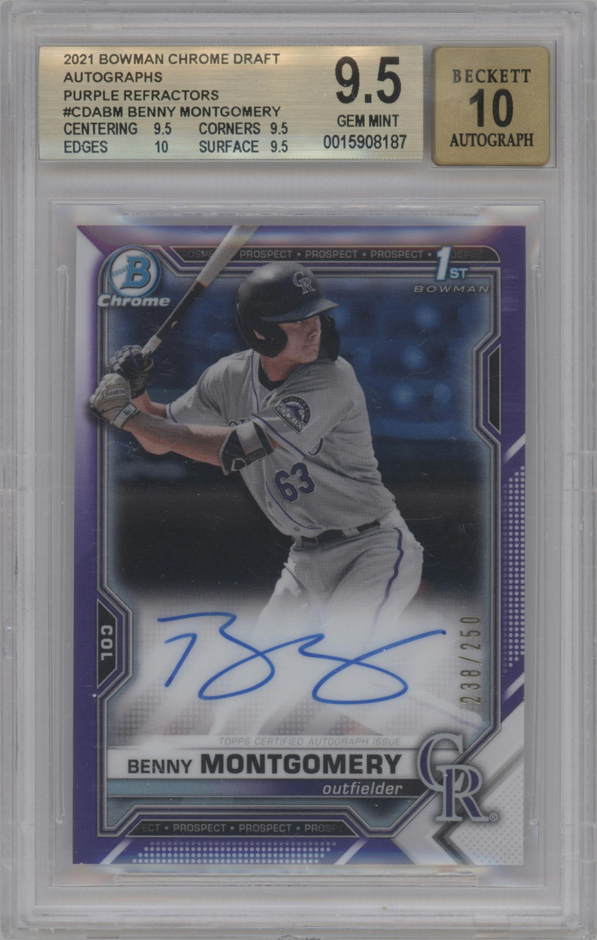 Benny Montgomery from the 2021 Bowman Draft set featuring a Purple Refractor parallel graded by Beckett and given an overall grade of 9.5.