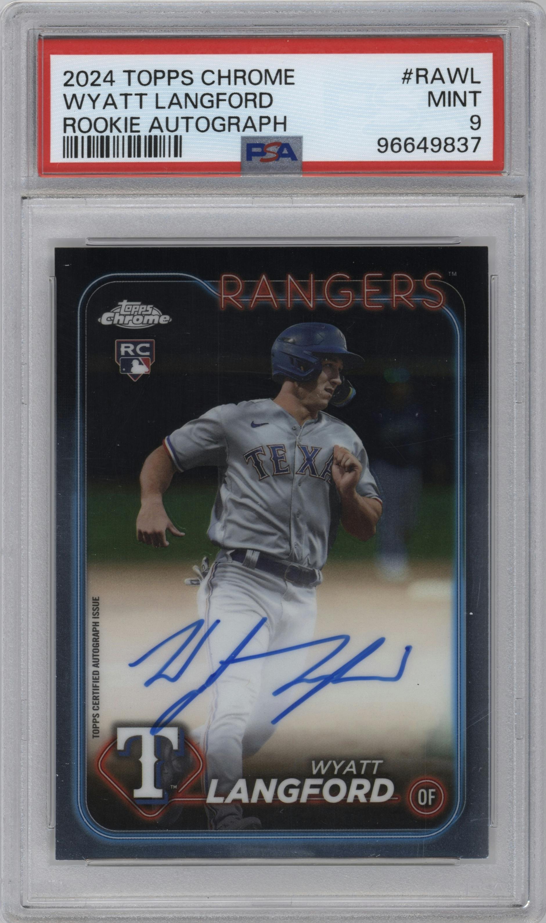 Wyatt Langford from the 2024 Topps Chrome set graded by PSA and given an overall grade of 9.