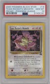 Team Rocket's Meowth from the 2000 Pokemon set featuring a Pokemon League parallel graded by PSA and given an overall grade of 10.