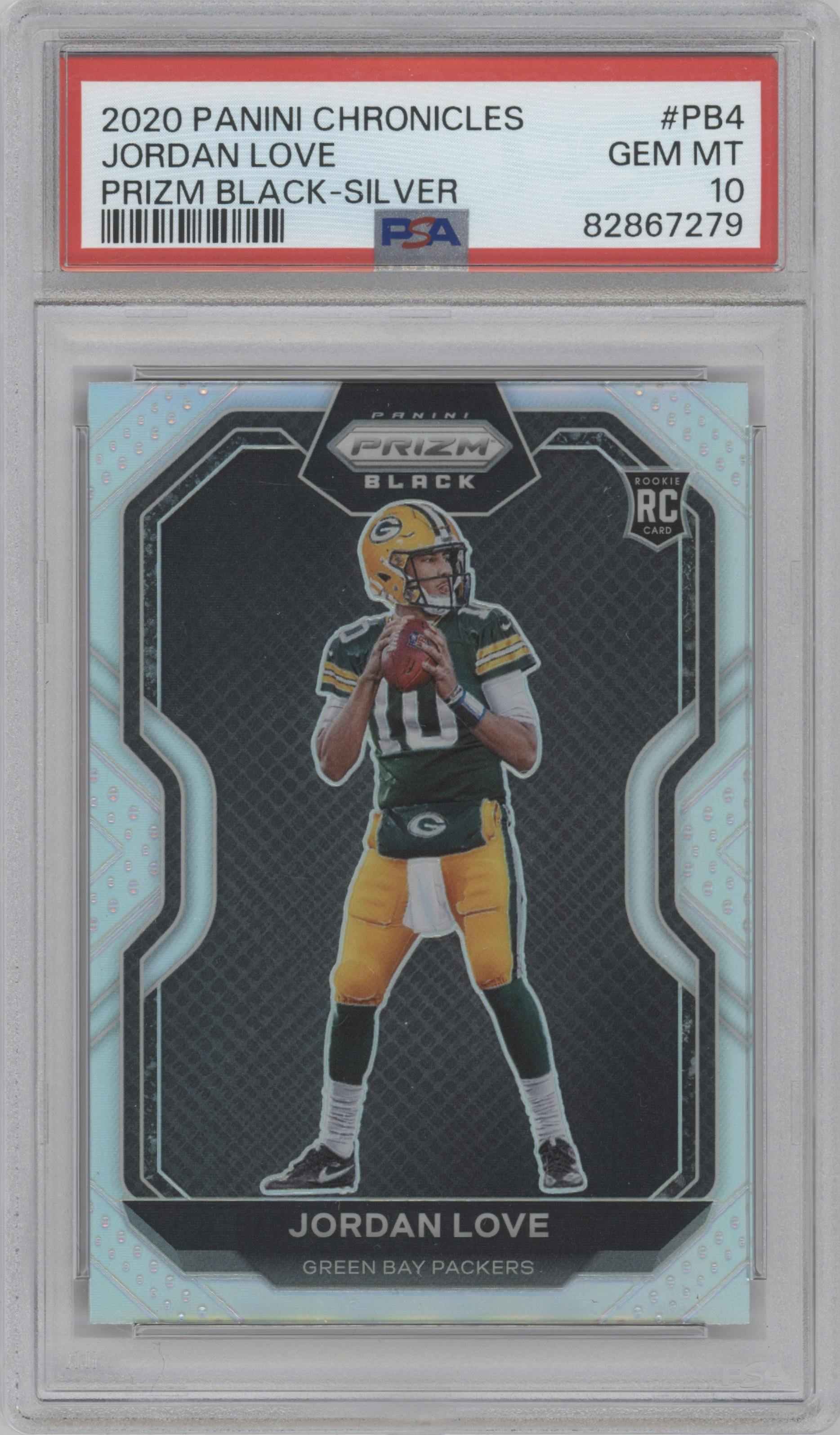 Jordan Love from the 2020 Panini Chronicles set featuring a Silver parallel graded by PSA and given an overall grade of 10.