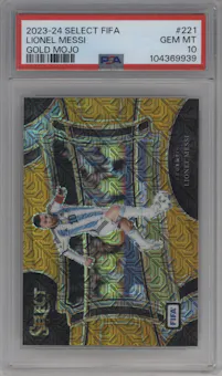 Lionel Messi from the 2023-24 Panini Select FIFA set featuring a Gold Mojo parallel graded by PSA and given an overall grade of 10.