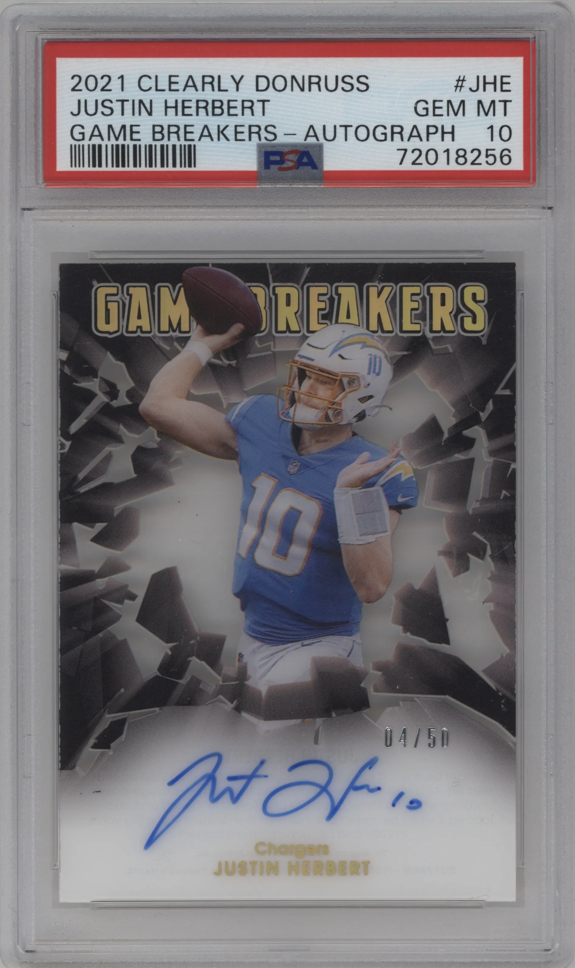 2021 Panini Clearly Donruss Game Breakers Justin Herbert #GBR-JHE PSA 10