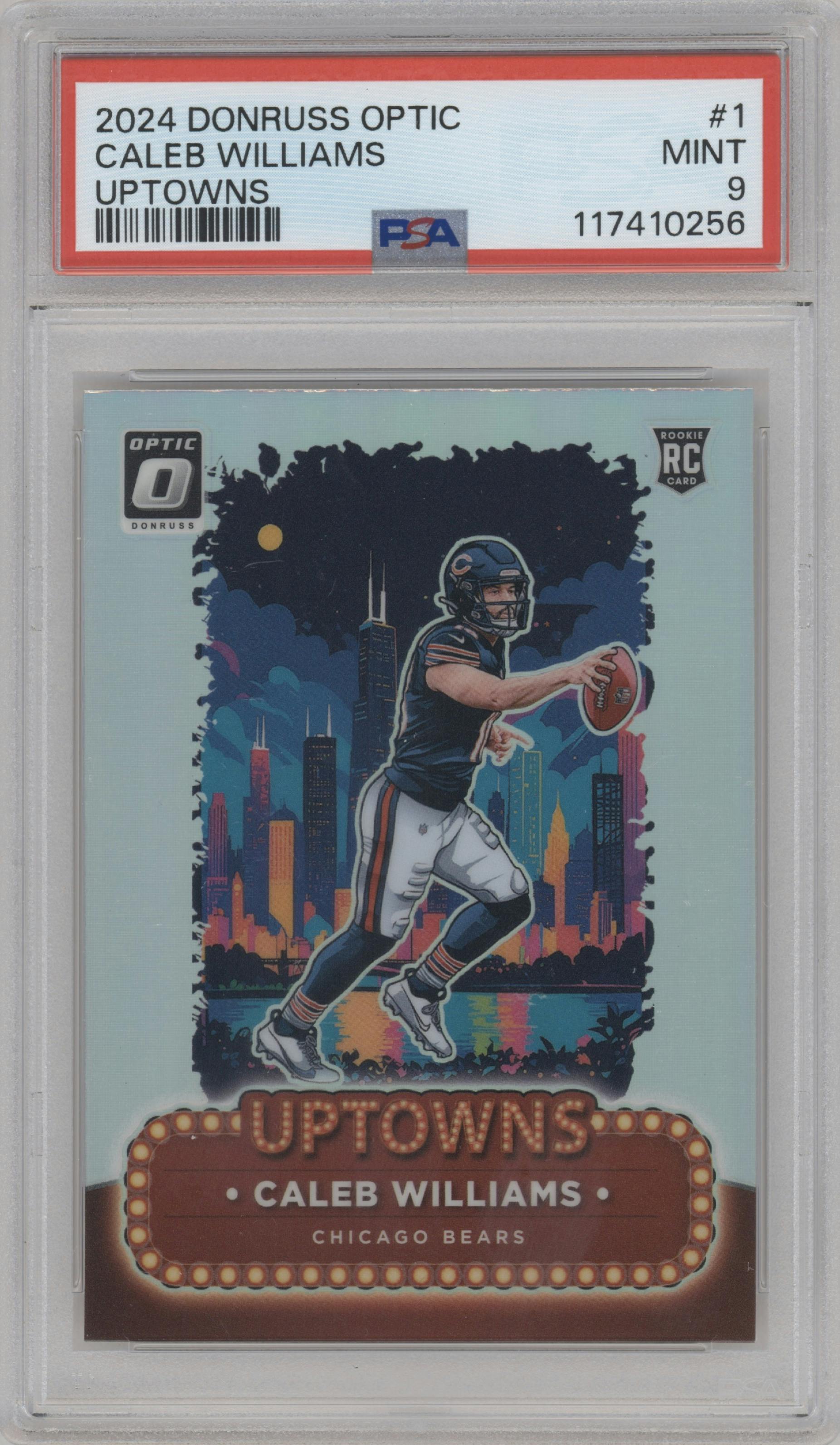 Caleb Williams from the 2024 Donruss Optic set graded by PSA and given an overall grade of 9.
